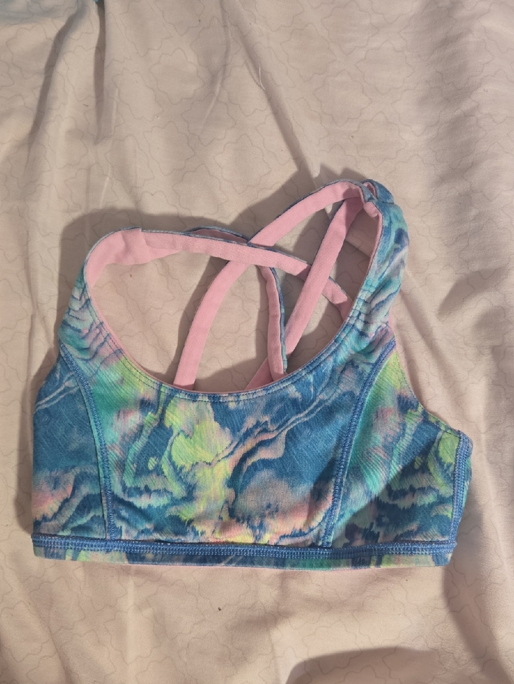 Invicta Kids Small Blue Tie-Dye Sports Bra Reversible Into Pink Blush Sports Bra
